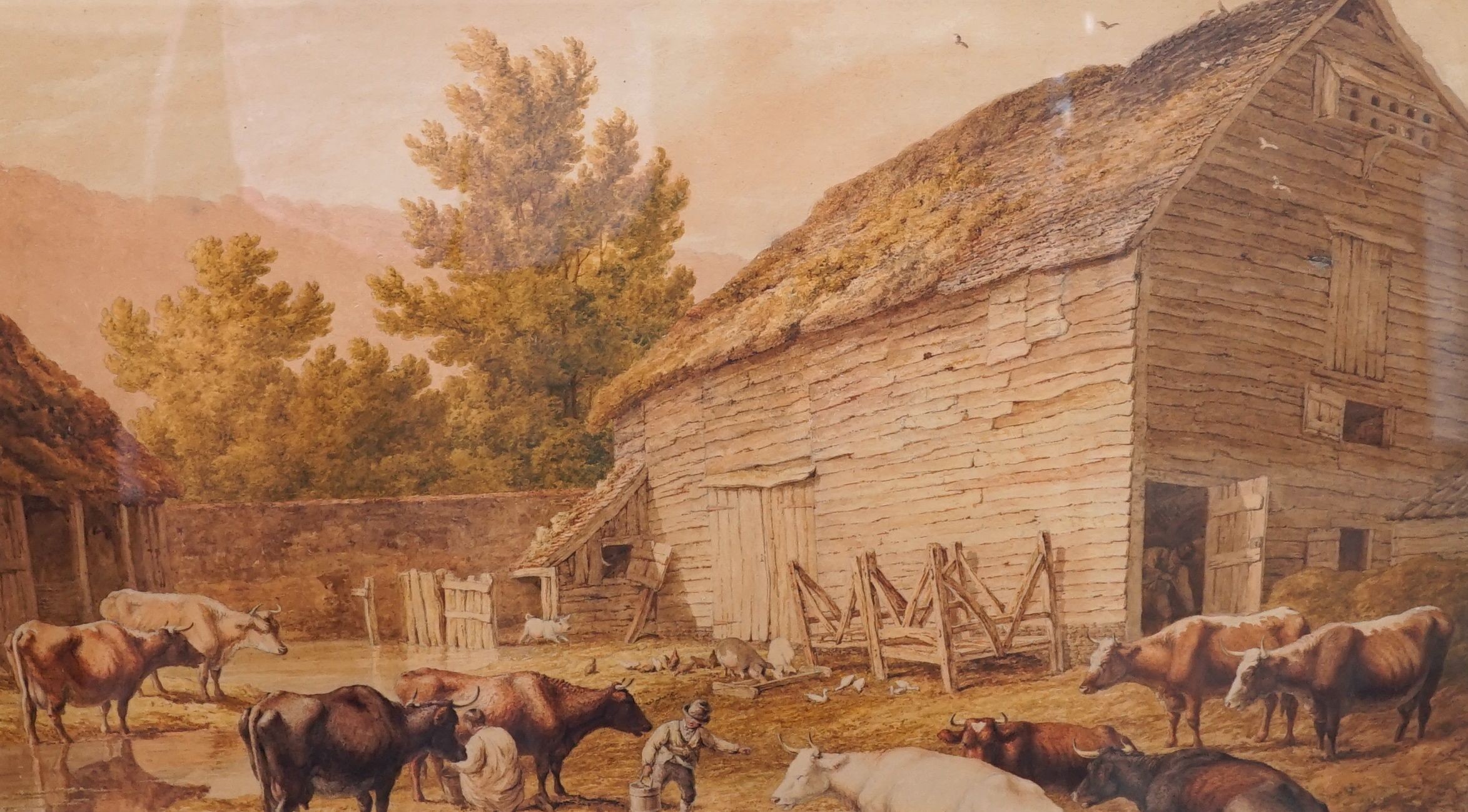 Robert Hills (1764-1844), Farmyard scene with two boys milking, watercolour, signed and dated 1810, 47 x 68.5cm